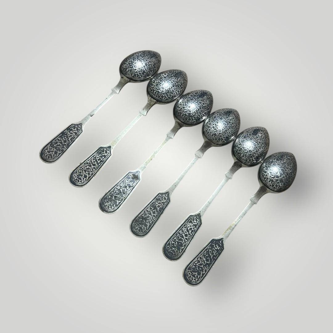 Eski Rus Gümüş Savatlı Damgalı Kaşık 6 Adet AOB6065 - 2