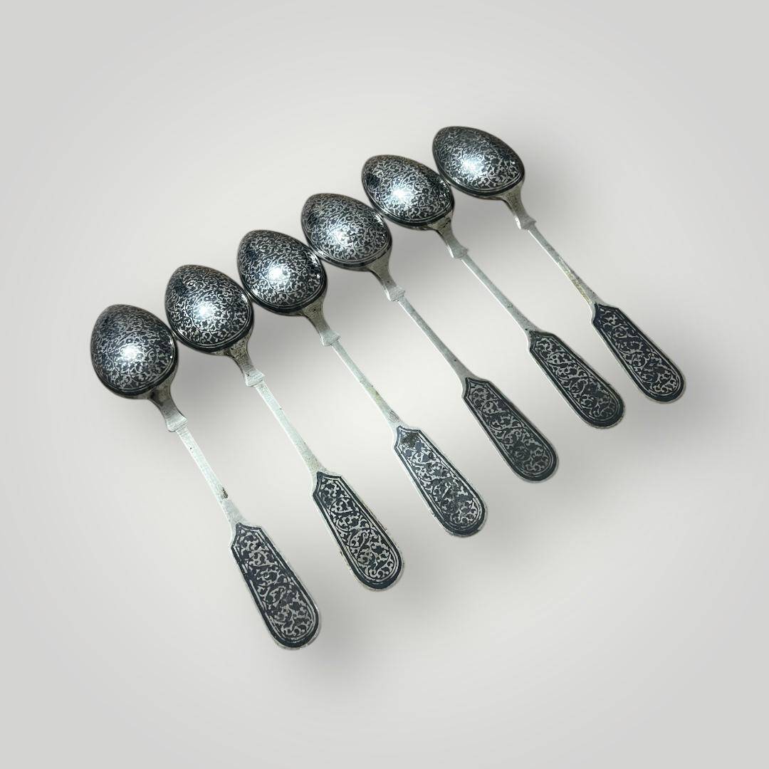 Eski Rus Gümüş Savatlı Damgalı Kaşık 6 Adet AOB6065 - 4