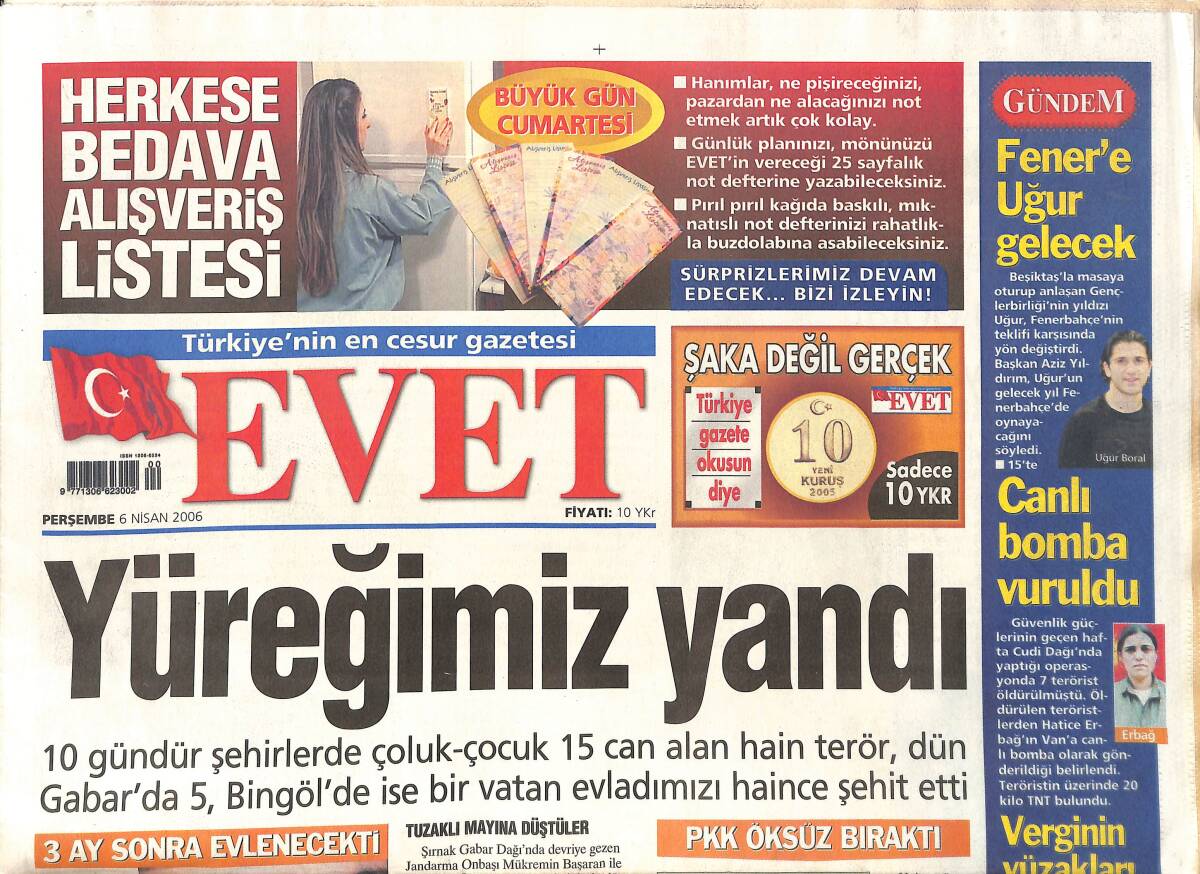 Evet Gazetesi 6 Nisan 2006 - Fener'e Uğur Gelecek - Gelir Vergisi Rekortmenleri Mehmet Ali Erbil Cem Yılmaz - Angelina Jolie İkinci El Gelinlik Arıyor GZ137795 - 1