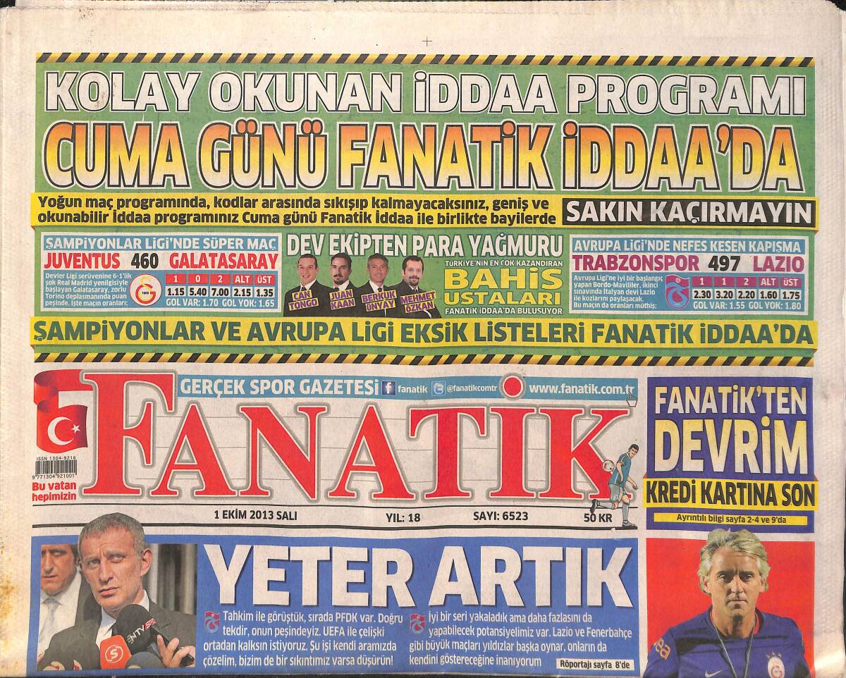 Fanatik Gazetesi 1 Ekim 2013 - Beşiktaş'ı Taraftarı İki Haftadır Mumla Arıyor - Mancini Rüzgarı - Samet Aybaba Dediğini Yaptı GZ137199 - 1