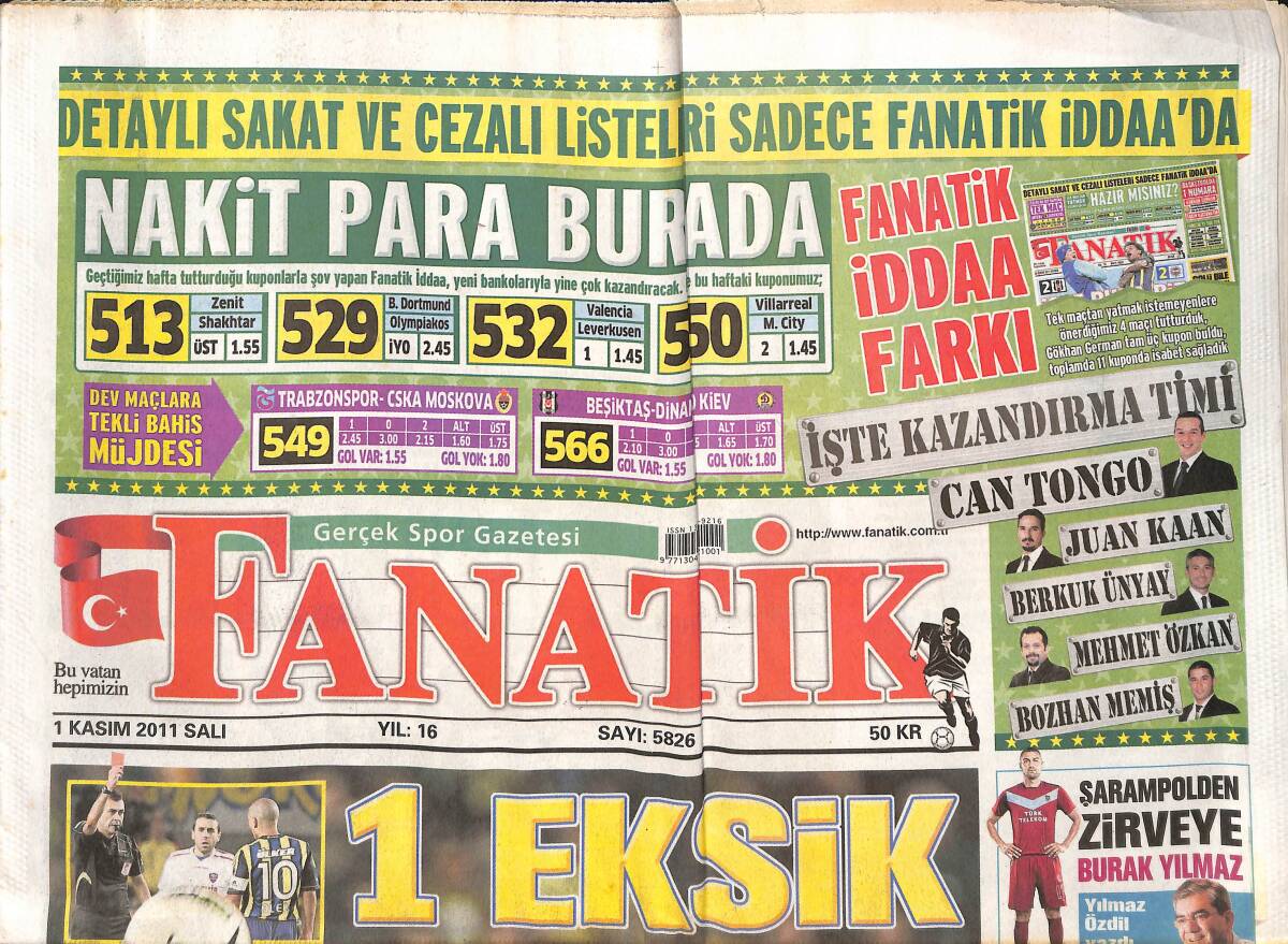 Fanatik Gazetesi 1 Kasım 2011 - Şarampolden Zirveye Burak Yılmaz - Amrabat'a Aslan Pençesi GZ136131 - 1