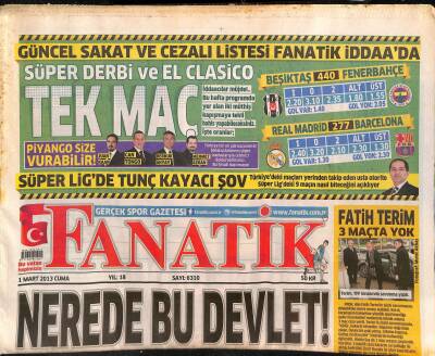 Fanatik Gazetesi 1 Mart 2013 - Kartalın Timi Hazır - Fatih Terim 3 Maçta Yok GZ124468 - 1