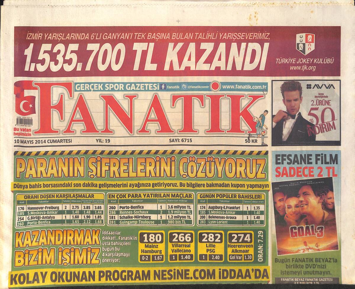 Fanatik Gazetesi 10 Mayıs 2014 - Diego Ribas Seferi Başlıyor - Roberto Mancini Roma'ya Gidiyor GZ159447 - 1