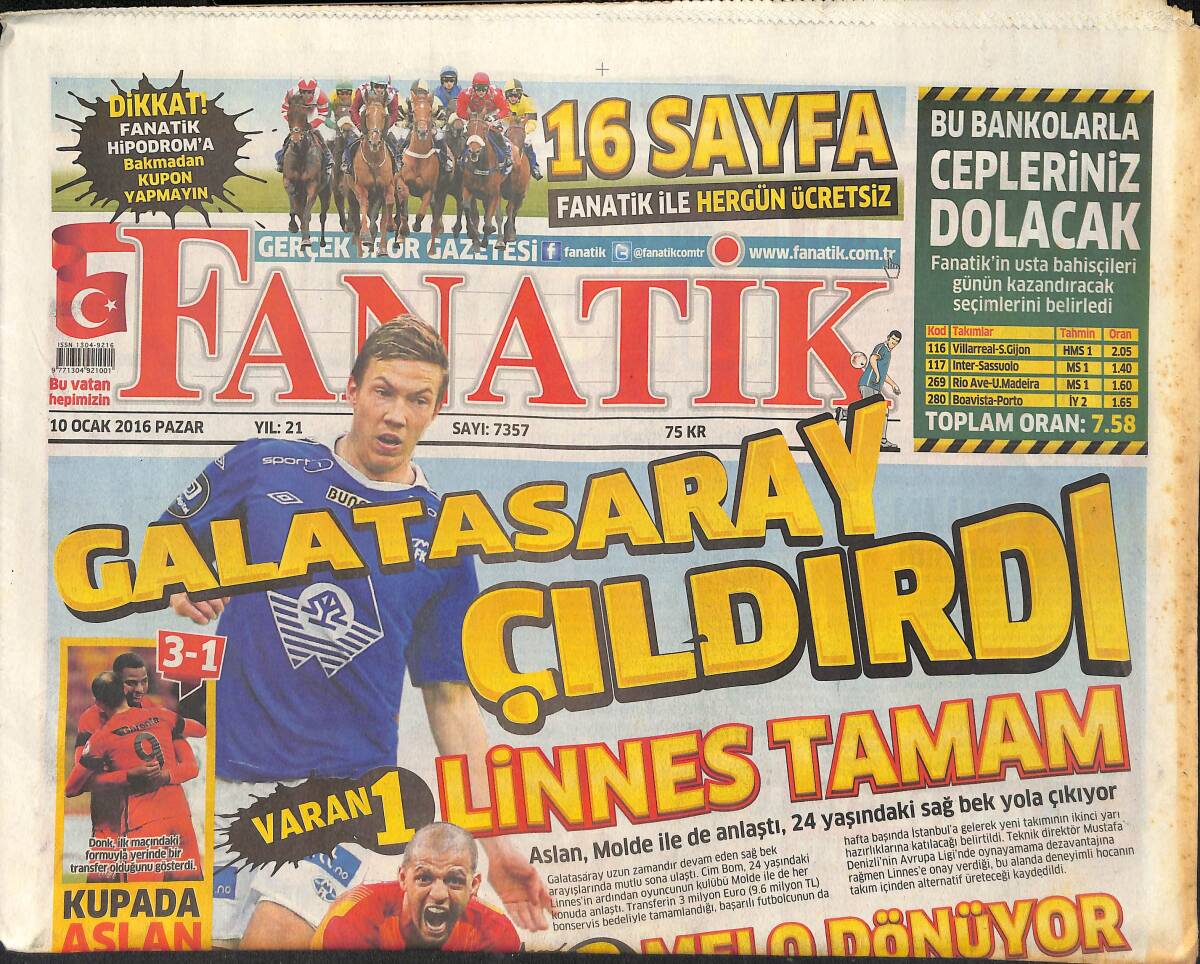 Fanatik Gazetesi 10 Ocak 2016 - Galatasaray Çıldırdı - Beşiktaş'ta Son Karar Serdar GZ159444 - 1