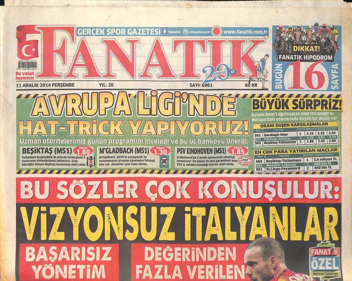Fanatik Gazetesi 11 Aralık 2014 - Yürü Be Hamit Altıntop Kim Tutar Seni ! GZ159430 - 1