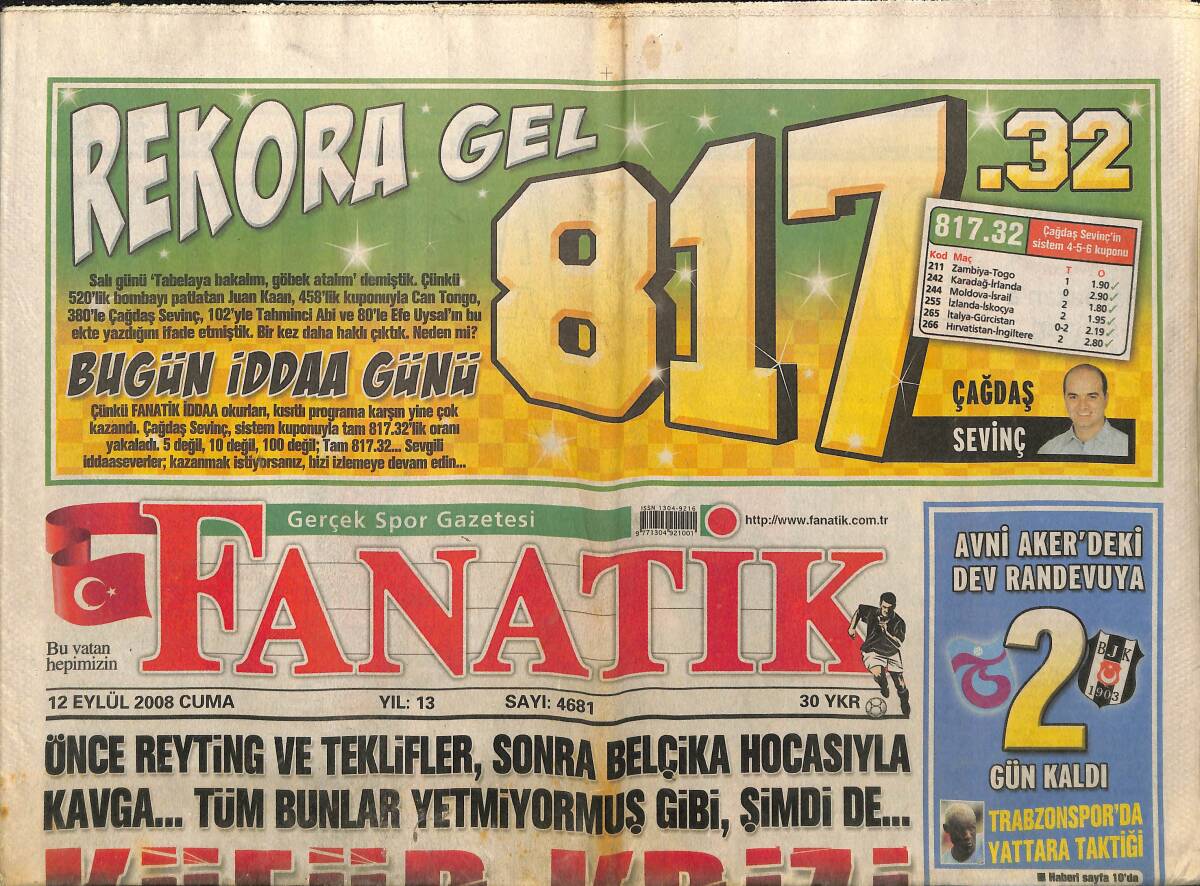 Fanatik Gazetesi 12 Eylül 2008 - Fatih Terim Küfür Krizi - Yattara Taktiği - Cim Bom'da Alarm GZ155302 - 1