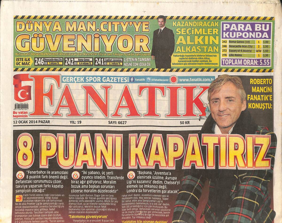 Fanatik Gazetesi 12 Ocak 2014 - Roberto Mancini Fanatik'e Konuştu - Mahmut Uslu'dan Şok Suçlama! GZ137194 - 1