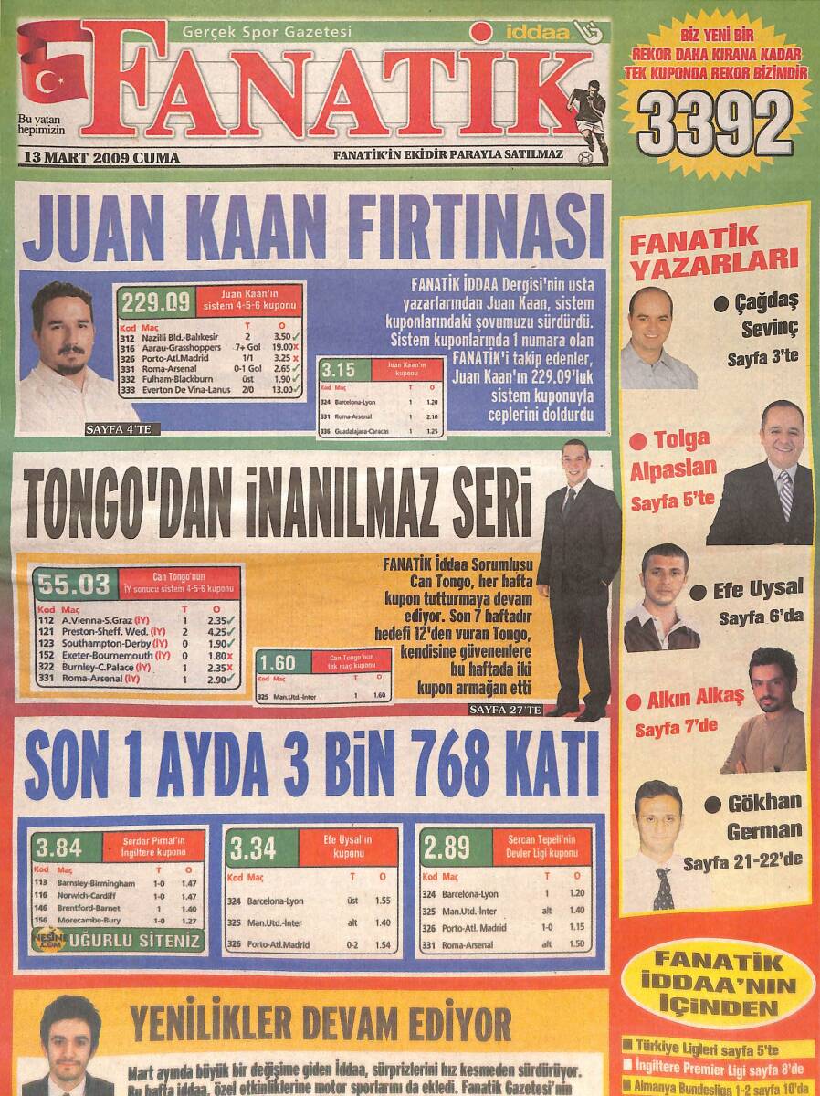 Fanatik Gazetesi 13 Mart 2009 - Juan Kaan Fırtınası - Napoli'ye Taze Kan - Yiğido Formsuz GZ137182 - 1
