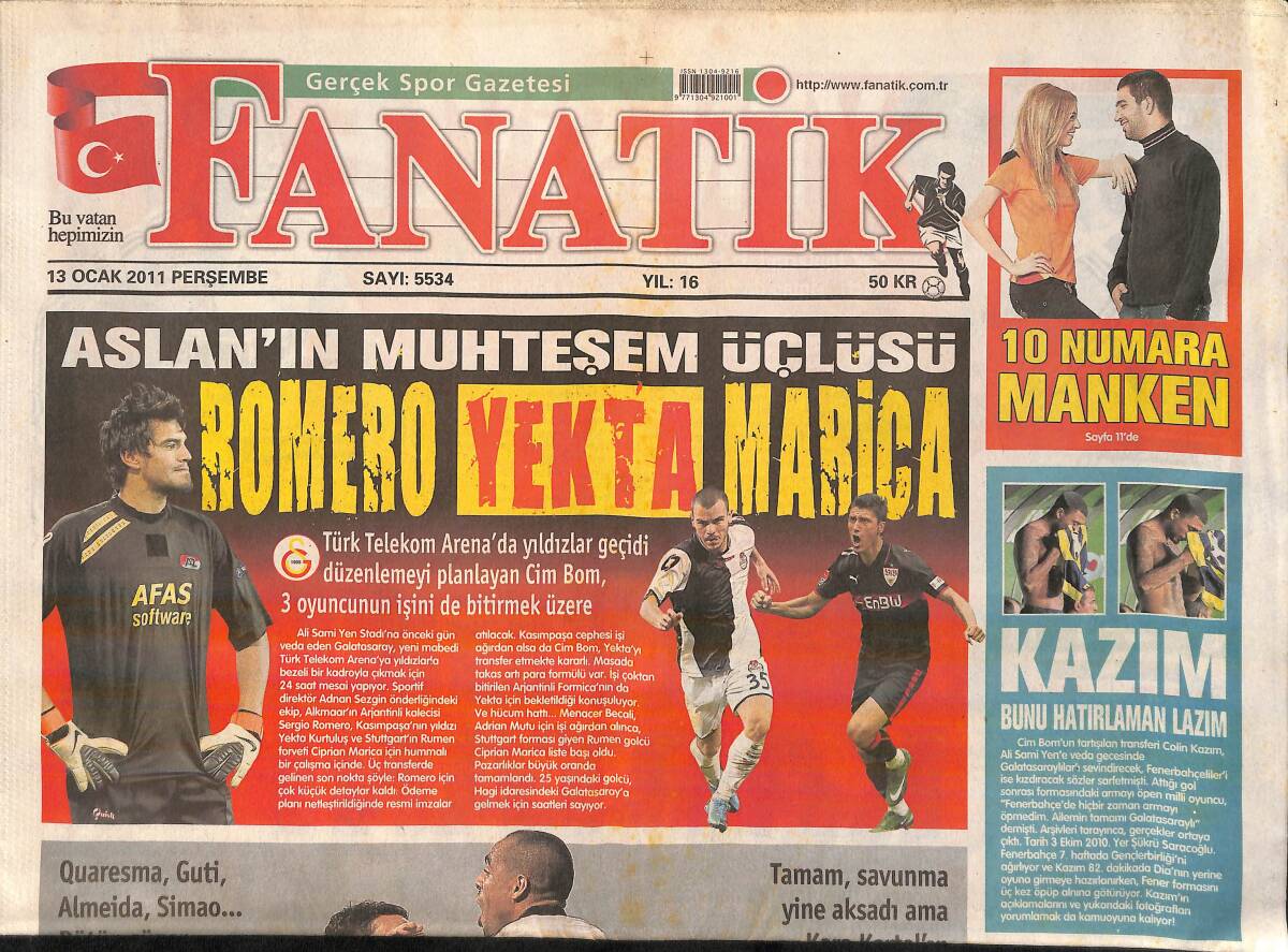 Fanatik Gazetesi 13 Ocak 2011 - Aslan'ın Muhteşem Üçlüsü Romero-Yekta-Marica GZ159757 - 1