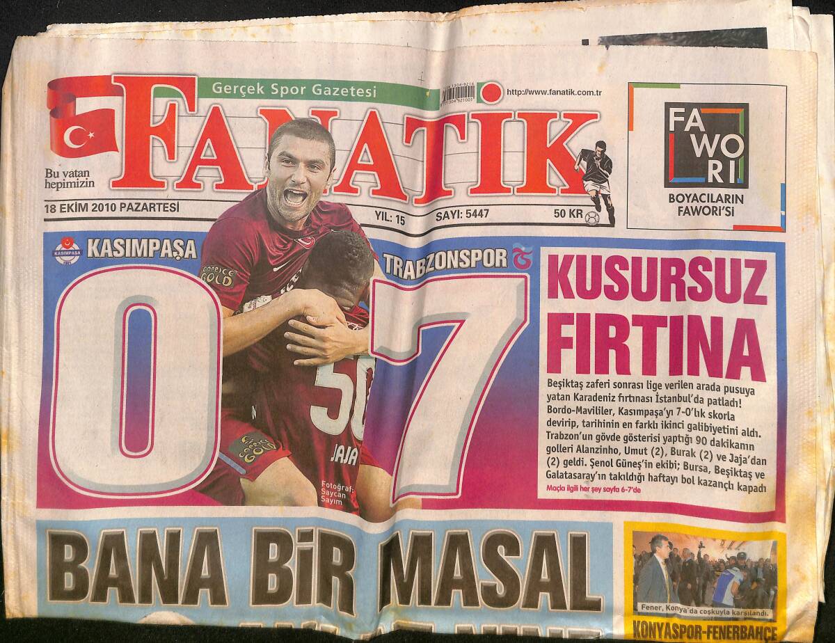 Fanatik Gazetesi 18 Ekim 2010 - Trabzonspor Farkla Kazandı - Kartal Yıldız Yolu Gözlüyor - Galatasaray Taraftarı Yönetim İstifa Diye Bağırdı GZ132423 - 1