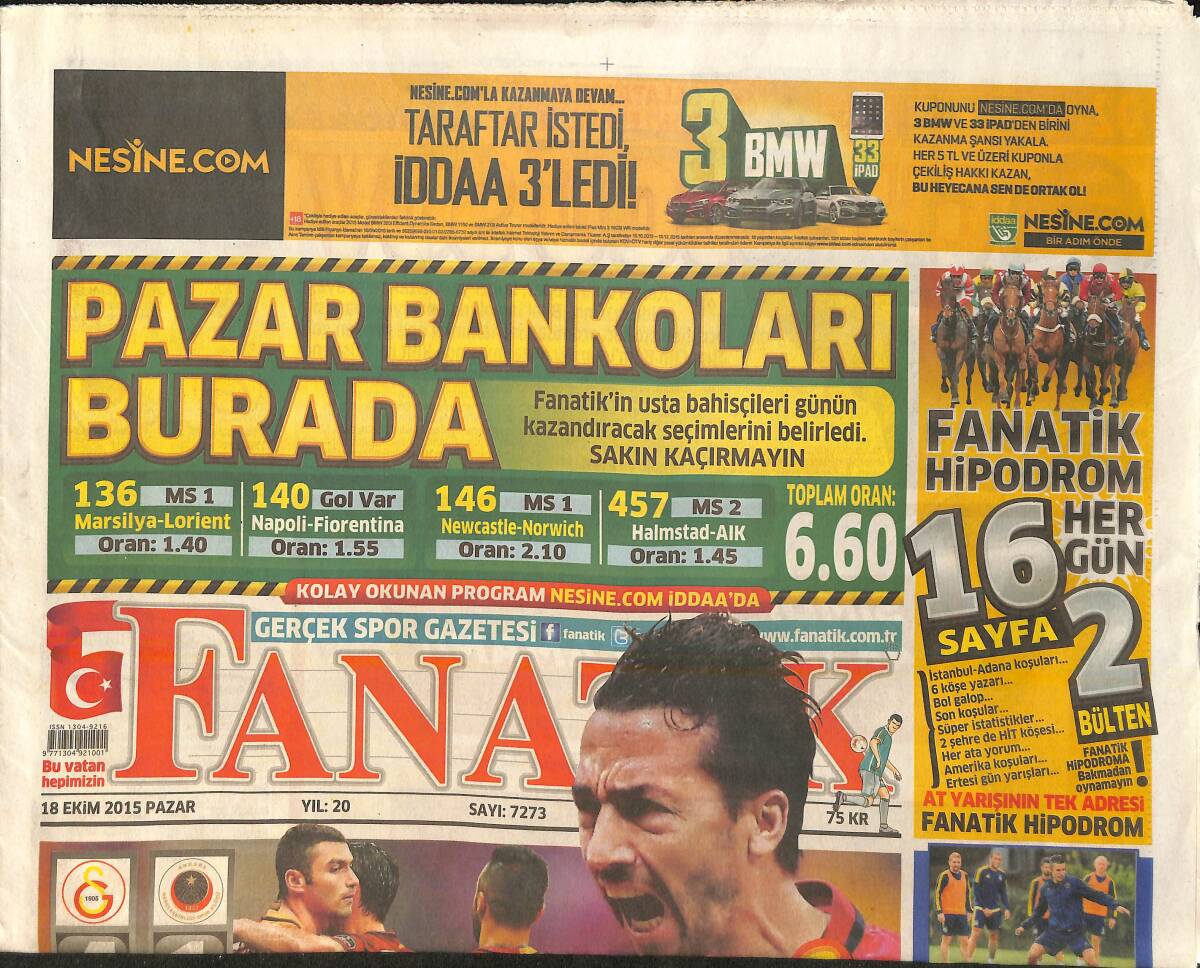 Fanatik Gazetesi 18 Ekim 2015 - Fenerbahçe Kritik Virajda - Aslan Kükredi GZ159411 - 1