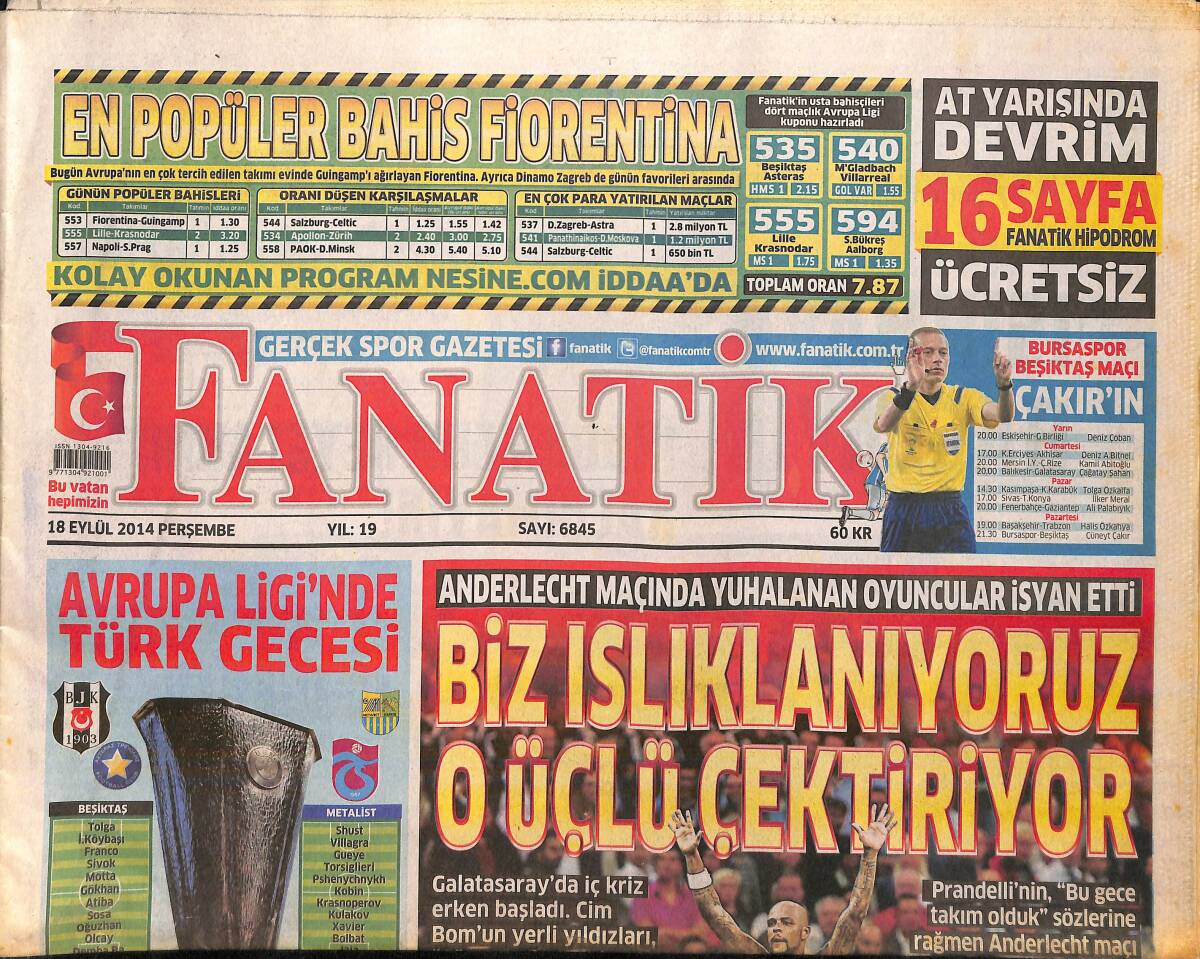 Fanatik Gazetesi 18 Eylül 2014 - Aziz Yıldırım'dan Kartal'a Tam Destek GZ159760 - 1