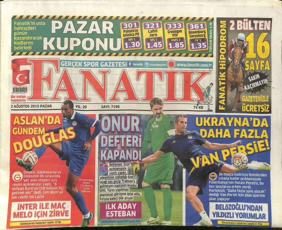 Fanatik Gazetesi 2 Ağustos 2015 - Trabzon'da Onur Defteri Kapandı - Alex Telles 15 Milyon Euro GZ155263 - 1