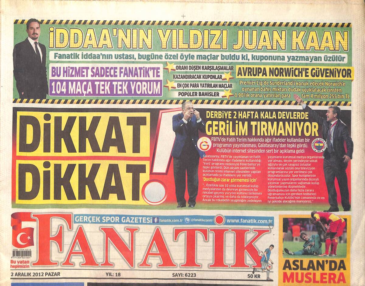 Fanatik Gazetesi 2 Aralık 2012 - Aslan'da Muslera Şoku - Aziz Yıldırım Avrupa Dedi GZ159454 - 1