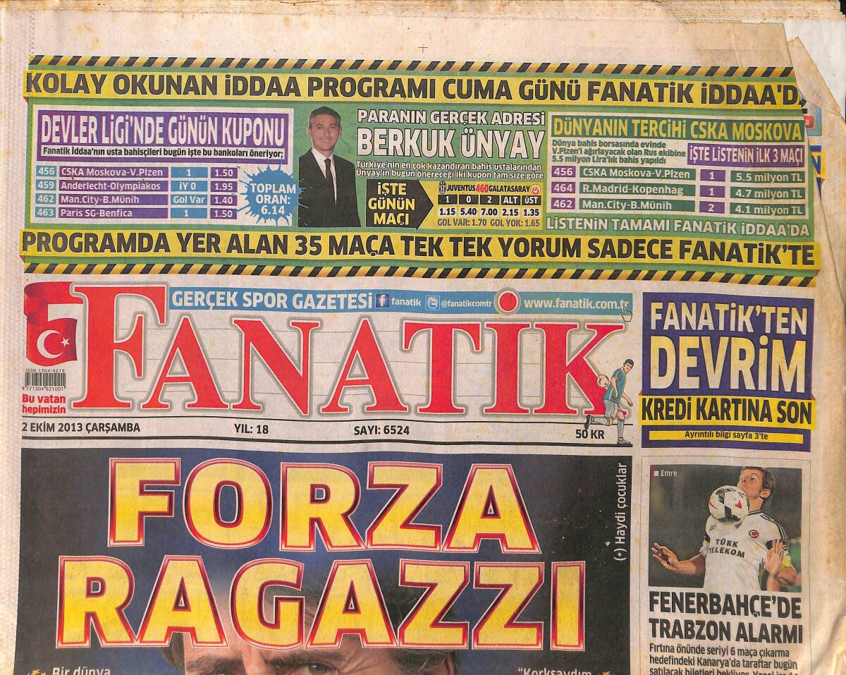 Fanatik Gazetesi 2 Ekim 2013 - Trabzonspor Lazio'yu Çözdü - Beşiktaş'ta Panik Yok GZ153923 - 1