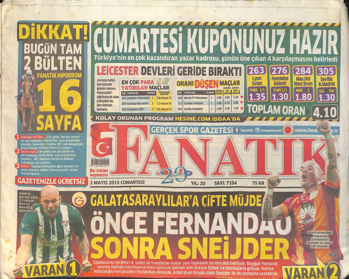 Fanatik Gazetesi 2 Mayıs 2015 - Galatasaraylılar'a Çifte Müjde Önce Fernandao Sonra Sneijder GZ159425 - 1