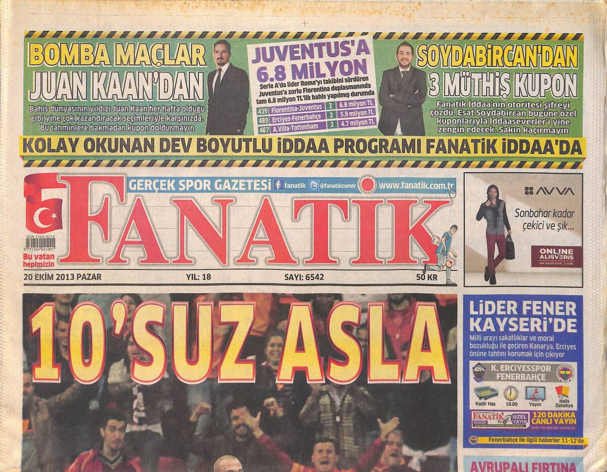 Fanatik Gazetesi 20 Ekim 2013 - Mancini'den İlk Zafer - Lider Fener Kayseri'de GZ159424 - 1
