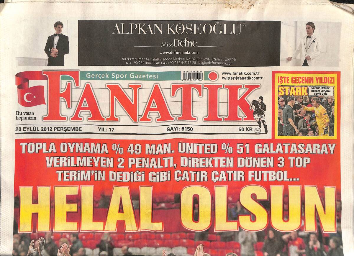 Fanatik Gazetesi 20 Eylül 2012 - Kadıköy'de Rakip Marsilya - Manchester United 1-0 Galatasaray GZ137317 - 1
