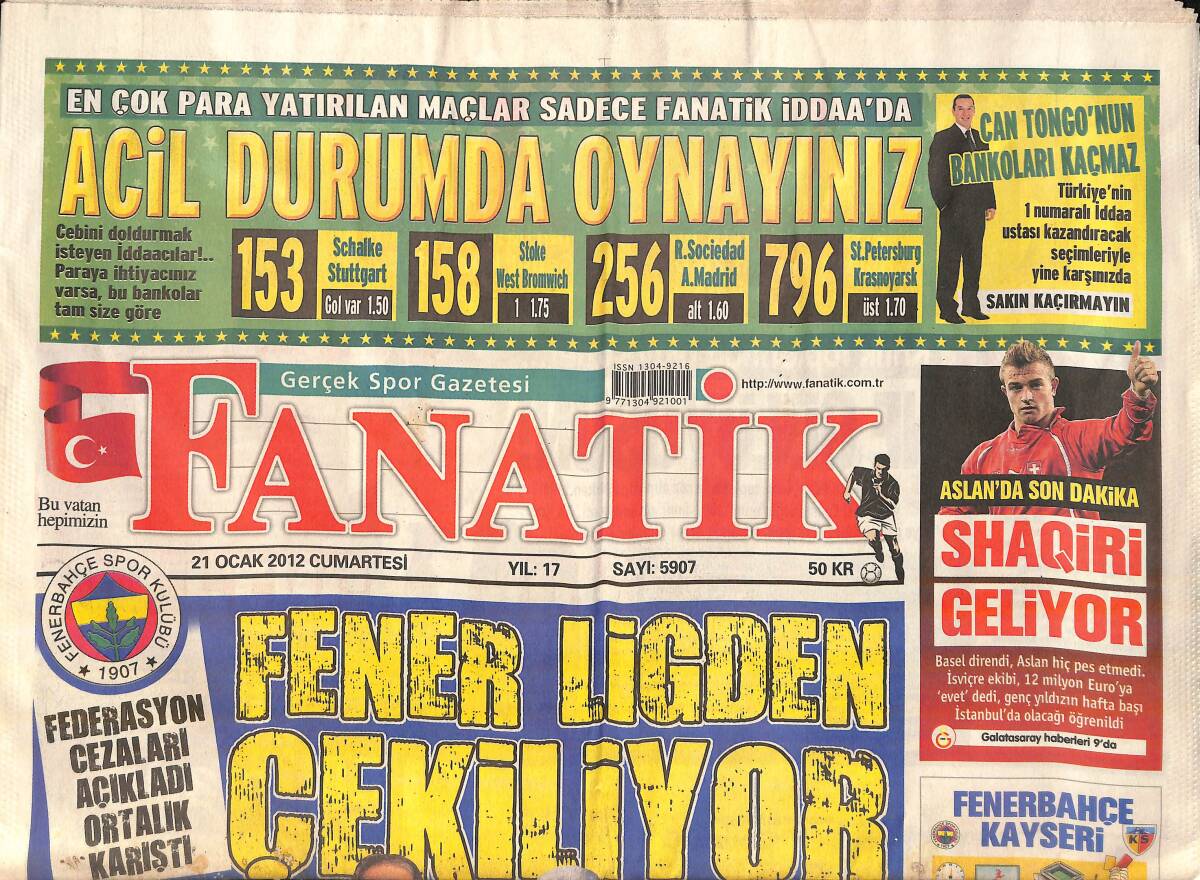 Fanatik Gazetesi 21 Ocak 2012 - Aslan'da Son Dakika Shaqiri Geliyor - Afrika Kupası Başlıyor GZ159756 - 1