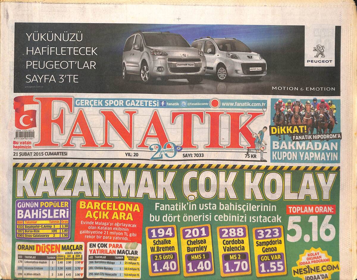 Fanatik Gazetesi 21 Şubat 2015 - Alper Potuk'u Unutun! - Ersun Yanal Patladı! - Rize'de Lafferty Bilmecesi GZ136059 - 1
