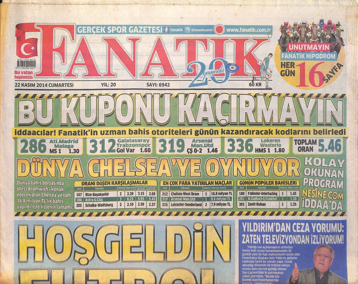 Fanatik Gazetesi 22 Kasım 2014 - Fernandao Timsah'ın En Büyük Kozu - Aziz Yıldırım'dan Ceza Yorumu GZ159429 - 1