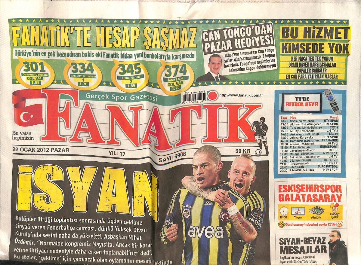 Fanatik Gazetesi 22 Ocak 2012 - Burak Var Trabzon Yok - Baros Yok Sercan Var - Volkan Demirel Patladı GZ137777 - 1