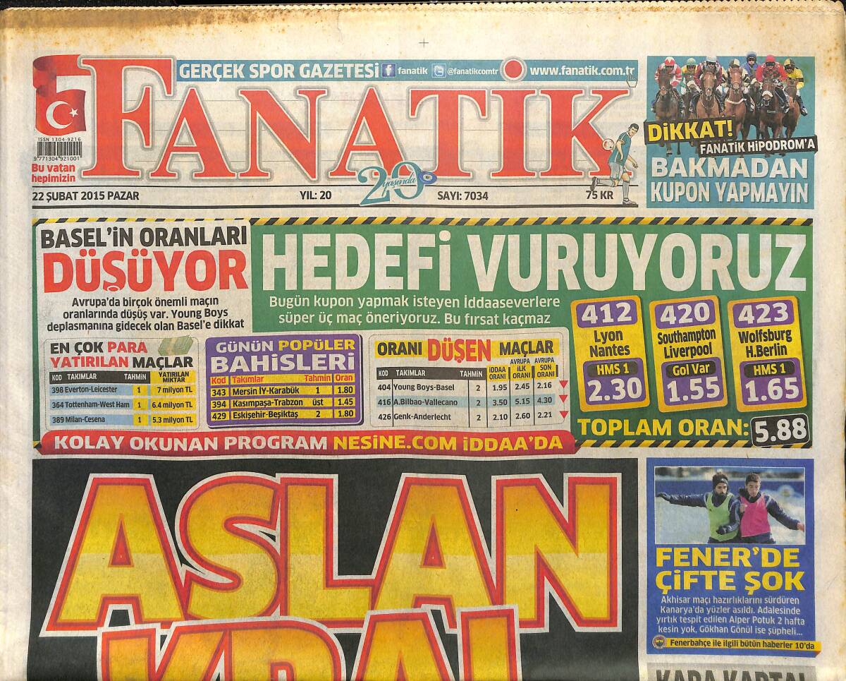 Fanatik Gazetesi 22 Şubat 2015 - Aslan Kral Burak Yılmaz - Kartal Kritik Virajda GZ155285 - 1