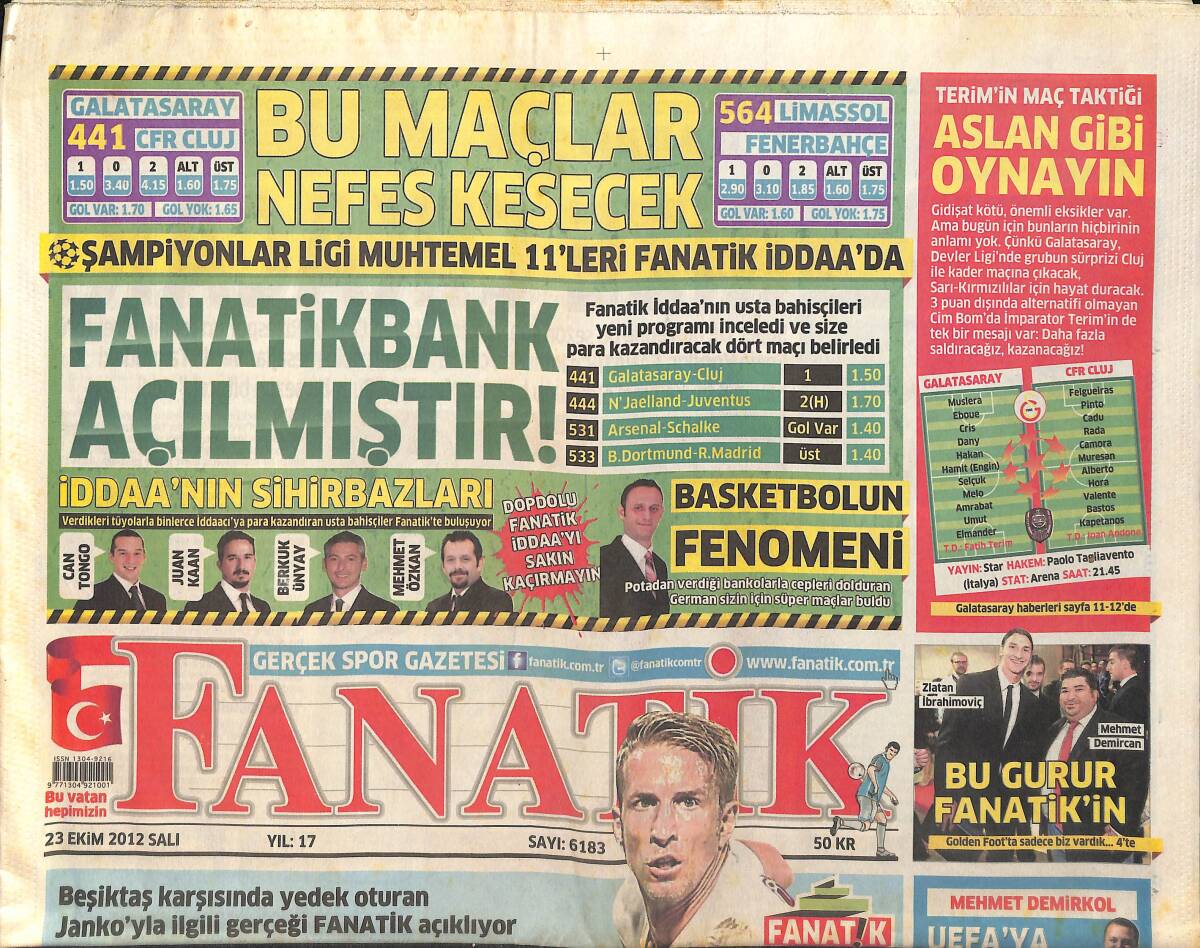 Fanatik Gazetesi 23 Ekim 2012 - Fatih Terim ''Daha Çok Baskı Daha Çok Hücum'' GZ159443 - 1