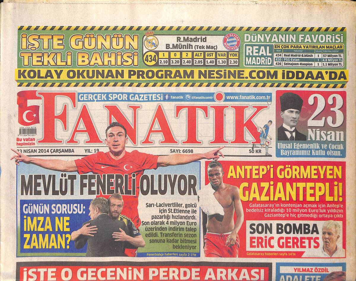 Fanatik Gazetesi 23 Nisan 2014 - Beşiktaş'ın Hocası Bilic : Ağlama Zamanı Değil - Bruma Kebap Bile Yememiş GZ159433 - 1