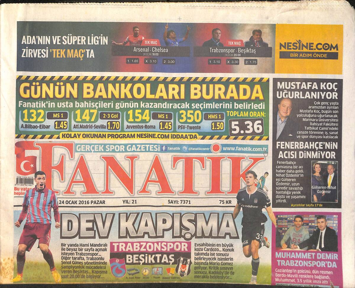Fanatik Gazetesi 24 Ocak 2016 - Fenerbahçe'nin Acısı Dinmiyor - Mustafa Koç Uğurlanıyor GZ159449 - 1