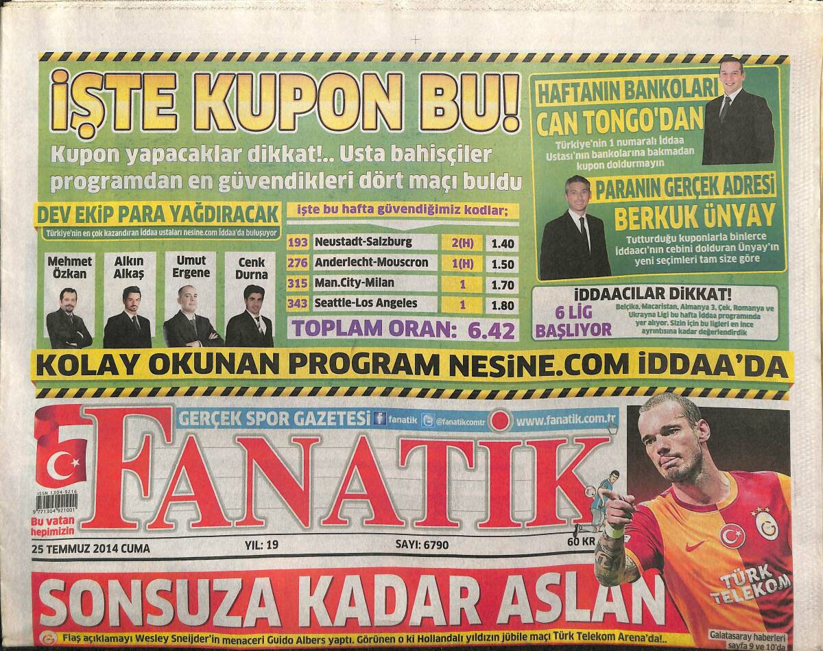 Fanatik Gazetesi 25 Temmuz 2014 - Hollandalı Yıldızın Jübile Maçı Arena'da - Monaco Sow'dan Vazgeçmiyor GZ155269 - 1