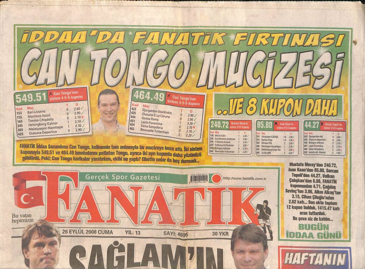 Fanatik Gazetesi 26 Eylül 2008 - Ertuğrul Sağlamın 2 Yüzü - Başkan Yıldırım'ın Gözyaşları! GZ137250 - 1