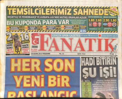 Fanatik Gazetesi 26 Kasım 2015 - Oscar Cardozo Fenere Bilendi - Aslanın Sorunu Güven GZ124432 - 1
