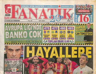 Fanatik Gazetesi 27 Kasım 2014 - Ve Prandelliye Veda - Mehmet Topala Yakın Takip GZ125833 - 1