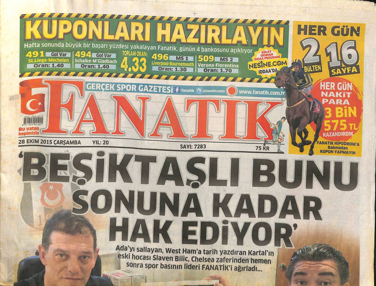 Fanatik Gazetesi 28 Ekim 2015 - Slaven Bilic: Beşiktaşlı Bunu Sonuna Kadar Hak Ediyor - Hamzaoğlu'ndan Ne İstiyorsunuz GZ155258 - 1