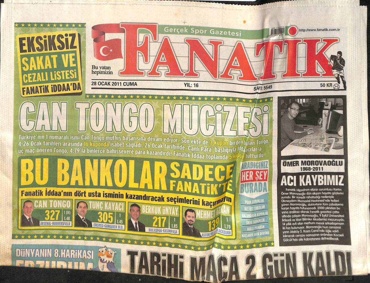 Fanatik Gazetesi 28 Ocak 2011 - Tarihi Maça İki Gün Kaldı - Ömer Morovaoğlu Acı Kaybımız GZ137248 - 1