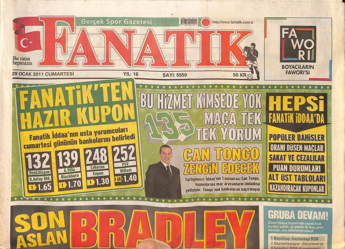 Fanatik Gazetesi 29 Ocak 2011 - Son Aslan Bradley - Aykut Kocaman'ın İlk 28'i! - Beşiktaş Arena'yı İstiyor GZ136053 - 1