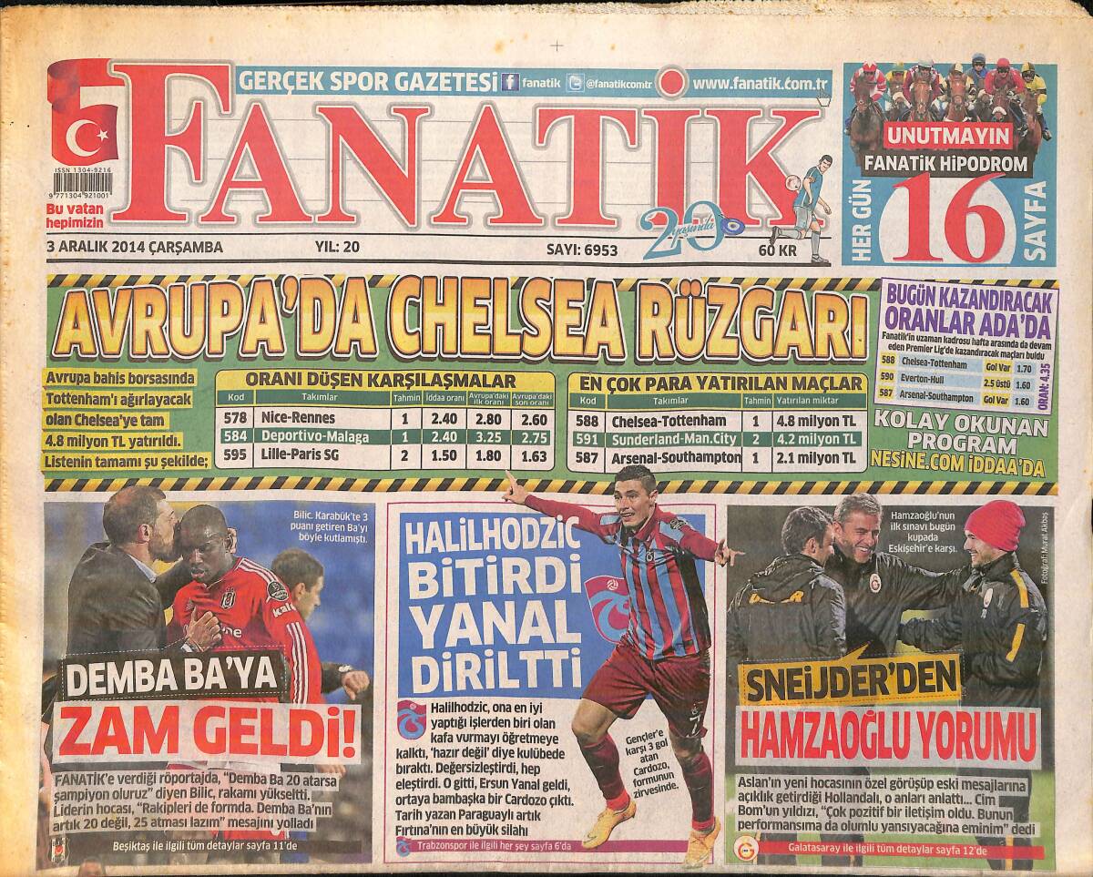 Fanatik Gazetesi 3 Aralık 2014 - Sneijder'den Hamzaoğlu Yorumu - Süper Lig Terhis Oldu GZ159761 - 1