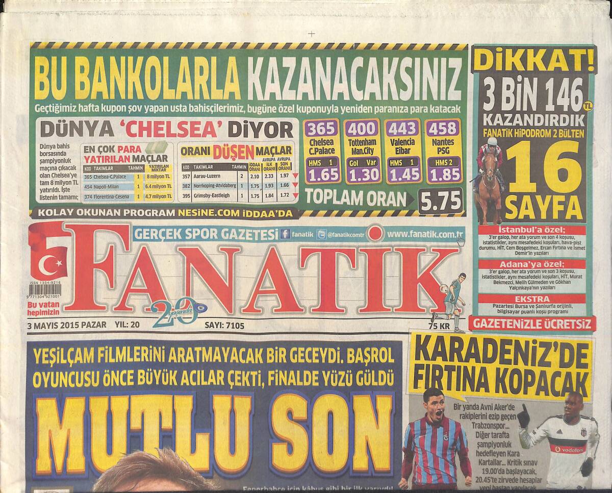 Fanatik Gazetesi 3 Mayıs 2015 - Burak Yılmaz'ın Oruç Bozma Zamanı - Demba Ba Cardozo Kapışıyor GZ159432 - 1