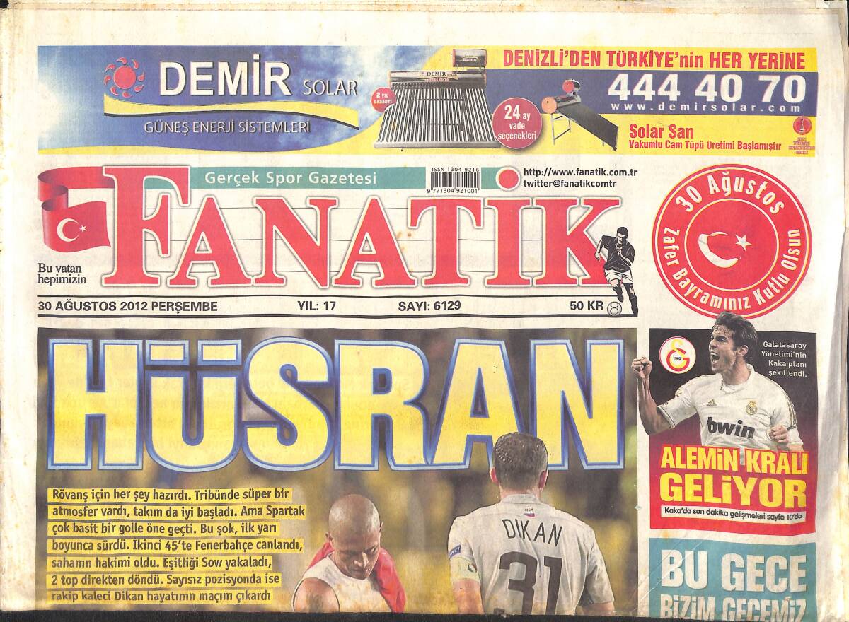 Fanatik Gazetesi 30 Ağustos 2012 - Galatasaray 3.Torbada GZ159458 - 1