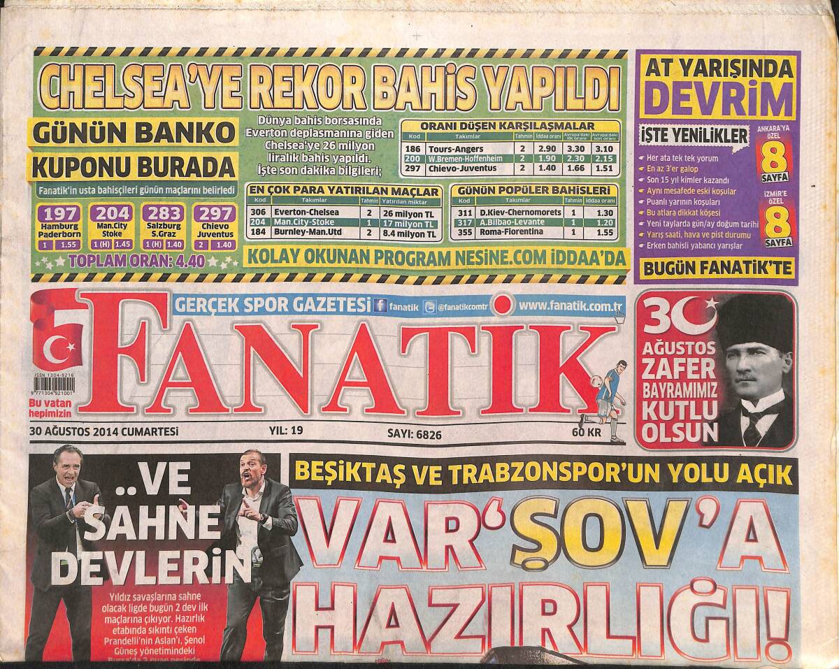 Fanatik Gazetesi 30 Ağustos 2014 - Beşiktaş Ve Trabzonspor'un Yolu Açık - Fenerbahçe'den Flaş Hamle GZ136051 - 1