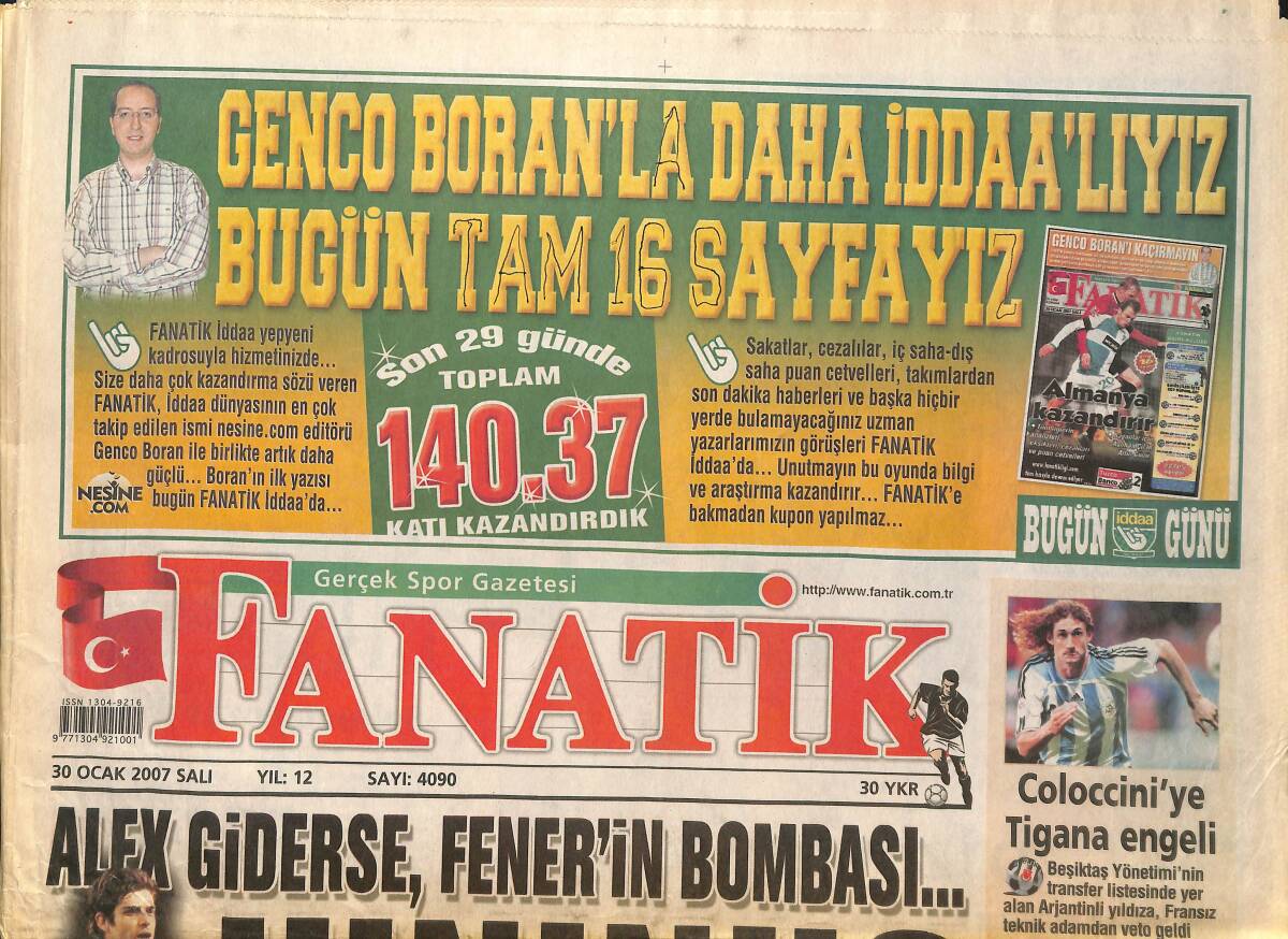 Fanatik Gazetesi 30 Ocak 2007 - Alex Giderse Fener'in Bombası Junınho - Galatasaray'ın Yolcu Listesi! GZ137872 - 1