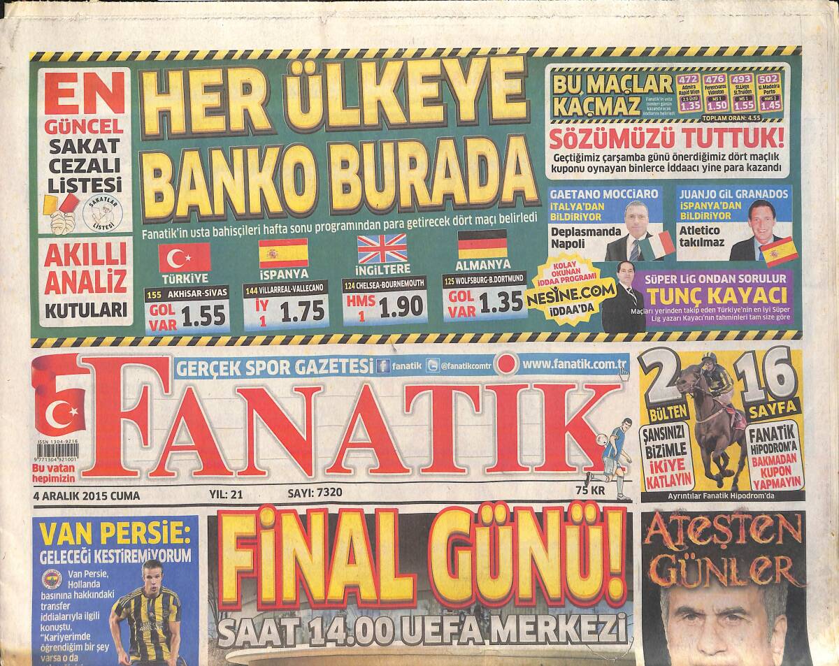 Fanatik Gazetesi 4 Aralık 2015 - Dani Alves 7 Milyon Euro - Van Persie : Geleceği Kestiremiyorum GZ159431 - 1