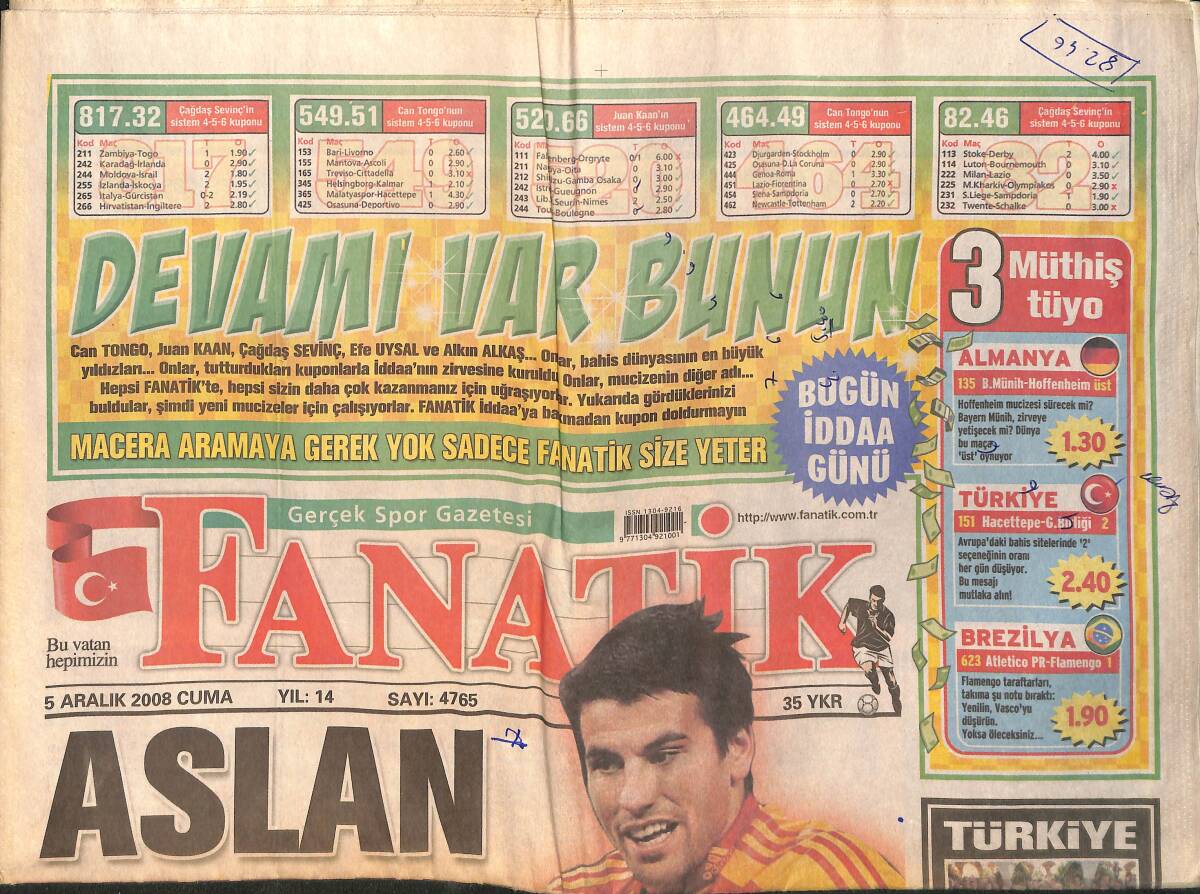 Fanatik Gazetesi 5 Aralık 2008 - Lincoln'e Başkan Desteği - Galatasaray Kupaya Gebe GZ159422 - 1