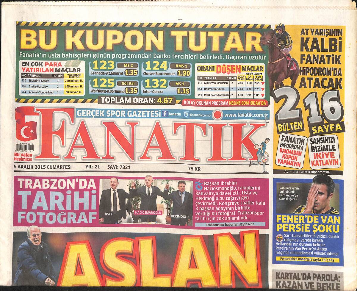 Fanatik Gazetesi 5 Aralık 2015 - Aslan Olmadan Asla - Fenerbahçe'de Van Persie Şoku - Mustafa Denizli; Bizi 2 Hafta Sonra Görün! GZ136054 - 1