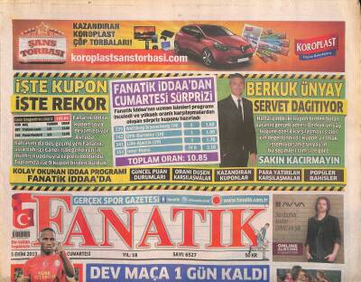 Fanatik Gazetesi 5 Ekim 2013 - Berkuk Ünyay Servet Dağıtıyor - Mancini , Akhisara Yeni Plân Yaptı GZ124482 - 1