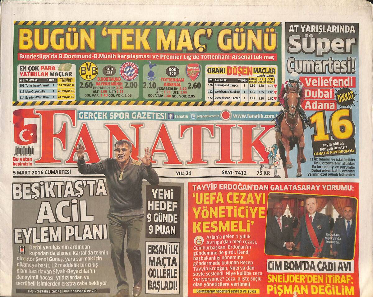 Fanatik Gazetesi 5 Mart 2016 - Beşiktaş'ta Acil Eylem Planı - Recep Tayyip Erdoğan: UEFA Cezayı Yöneticiye Kesmeli GZ136056 - 1