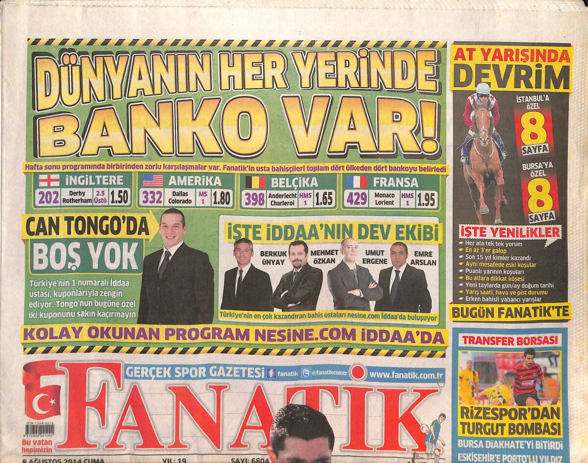 Fanatik Gazetesi 8 Ağustos 2014 - Tranzonspor Şaha Kalktı - Monaco Yine Sneijder'i İstedi GZ136123 - 1