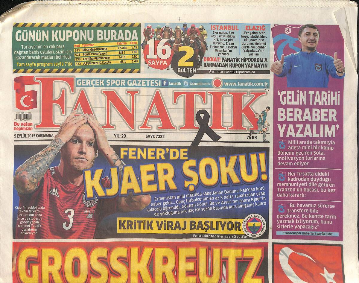 Fanatik Gazetesi 9 Eylül 2015 - Fener'de Kjaer Şoku ! - Kurtarıcı Quaresma GZ159493 - 1