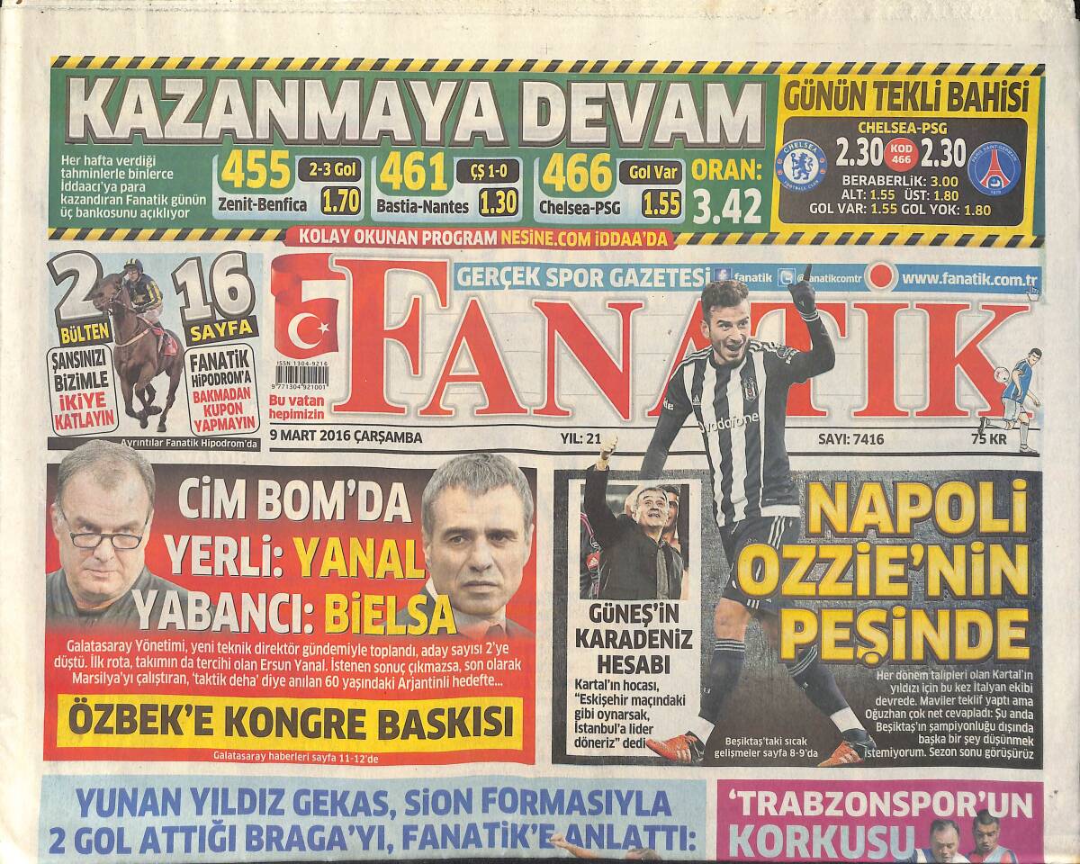 Fanatik Gazetesi 9 Mart 2016 - Napoli Ozzie'nin Peşinde - Dursun Özbek'in 8 Mart Mesajı GZ159438 - 1